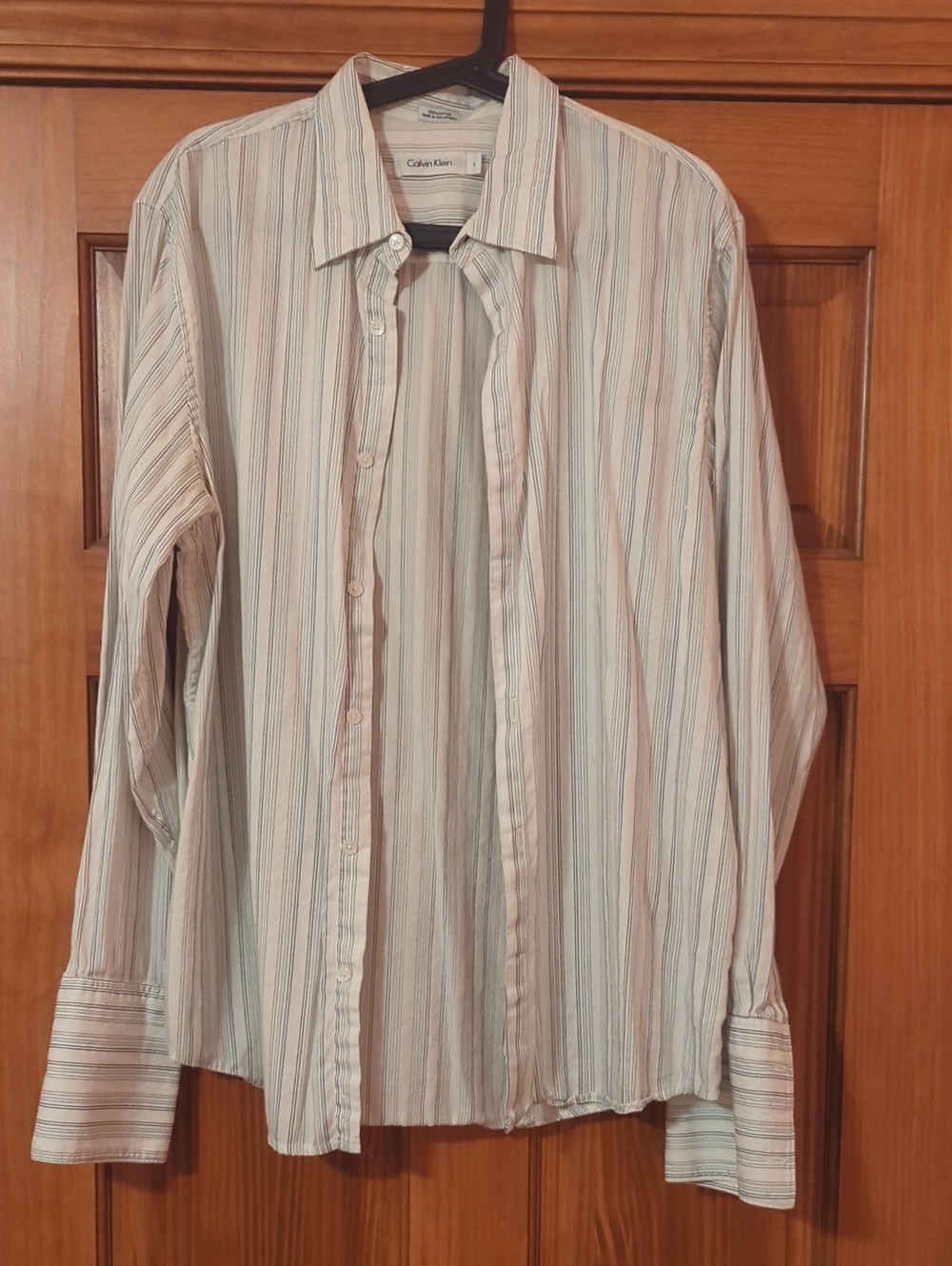 Calvin Klein Men's White Shirt with Light Blue and Tan Stripes